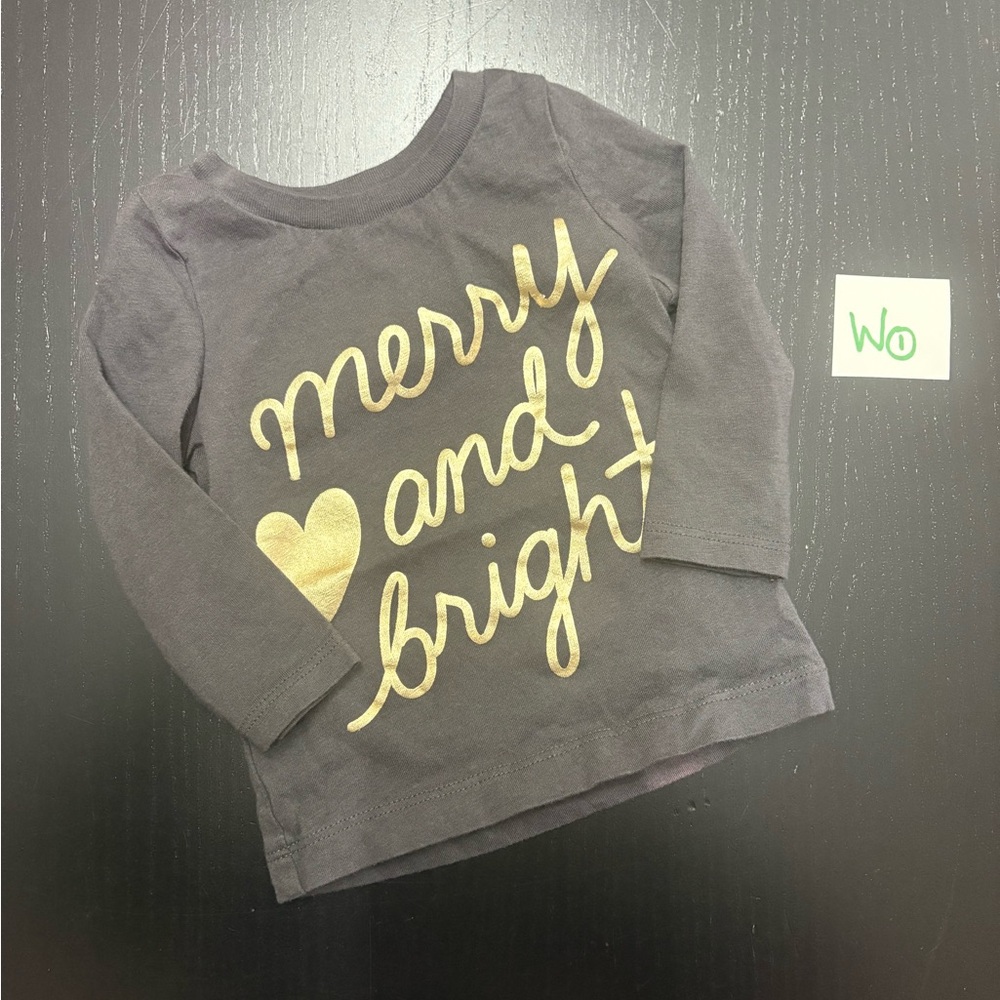 ⭐️2/$5.00⭐️ Carter's 6m Long Sleeve Tee Shirt with Gold Merry and Bright Text